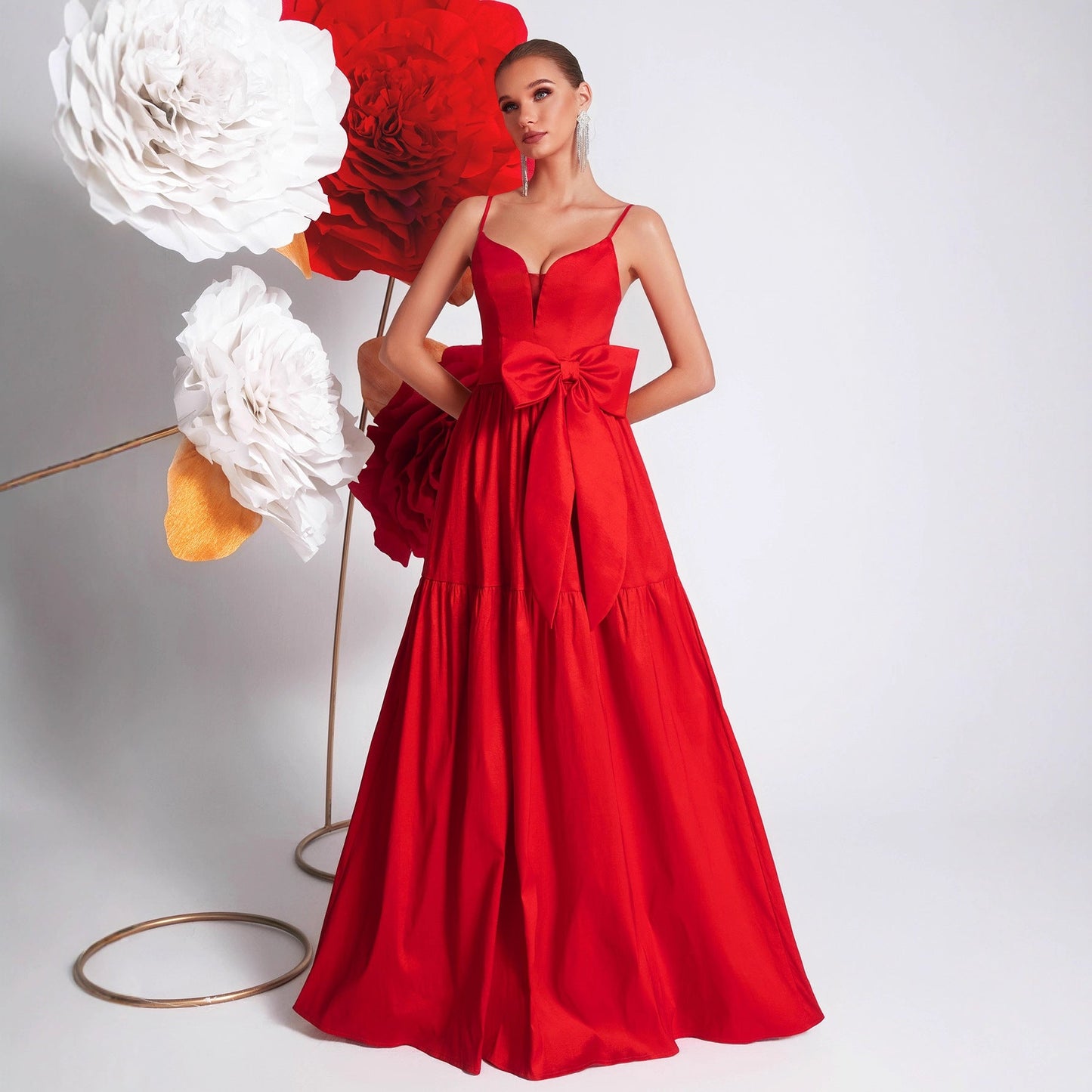 Big Bowknot Red Slip Dress Deep V Plunge Waist Tight Socialite Light Luxury Cocktail Party Evening Dress