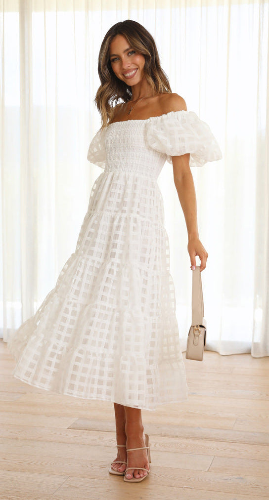 Women One Neck Lantern Sleeve Layer Stitching Dress