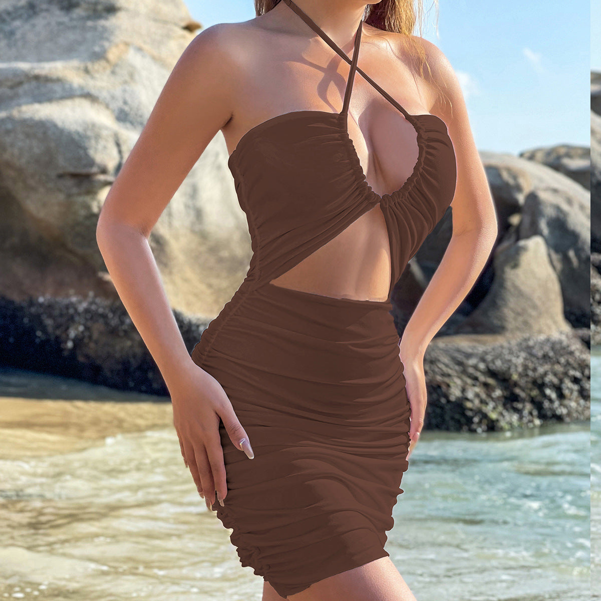 Women Clothing Dress Cross Lace up Cutout Sheath Slim Fit Sexy Dress