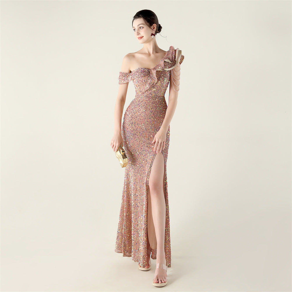 One Shoulder Pleated Ruffled Embellished Beaded Chain Sequined Evening Dress Cocktail Wedding Red Carpet