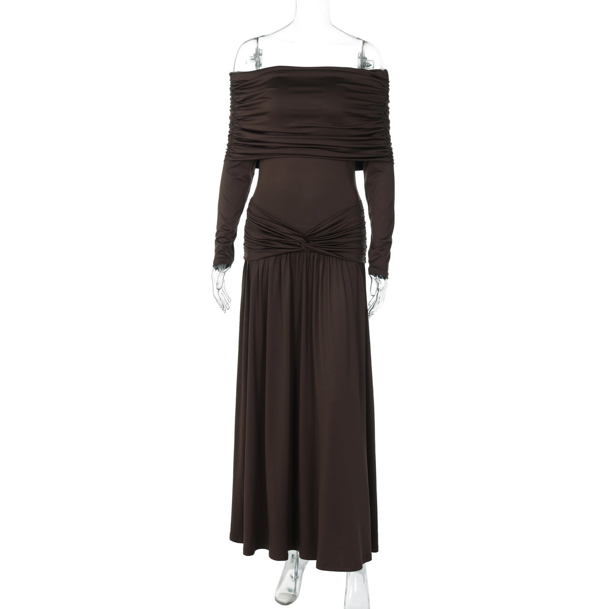 French Women Autumn off Neck Cinched Pleated Long Sleeve Dress