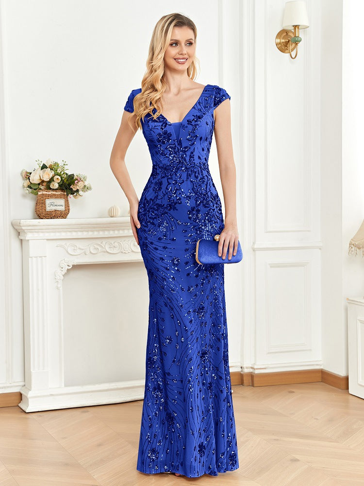 Sequined Champagne Evening Dress Women Cocktail Sexy Slim Fit Fishtail Long Toast Dress