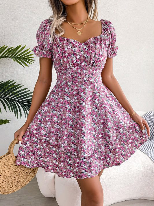 Spring Summer Elegant Floral Lace-up Waist-Controlled Large Hem Dress Women Clothing