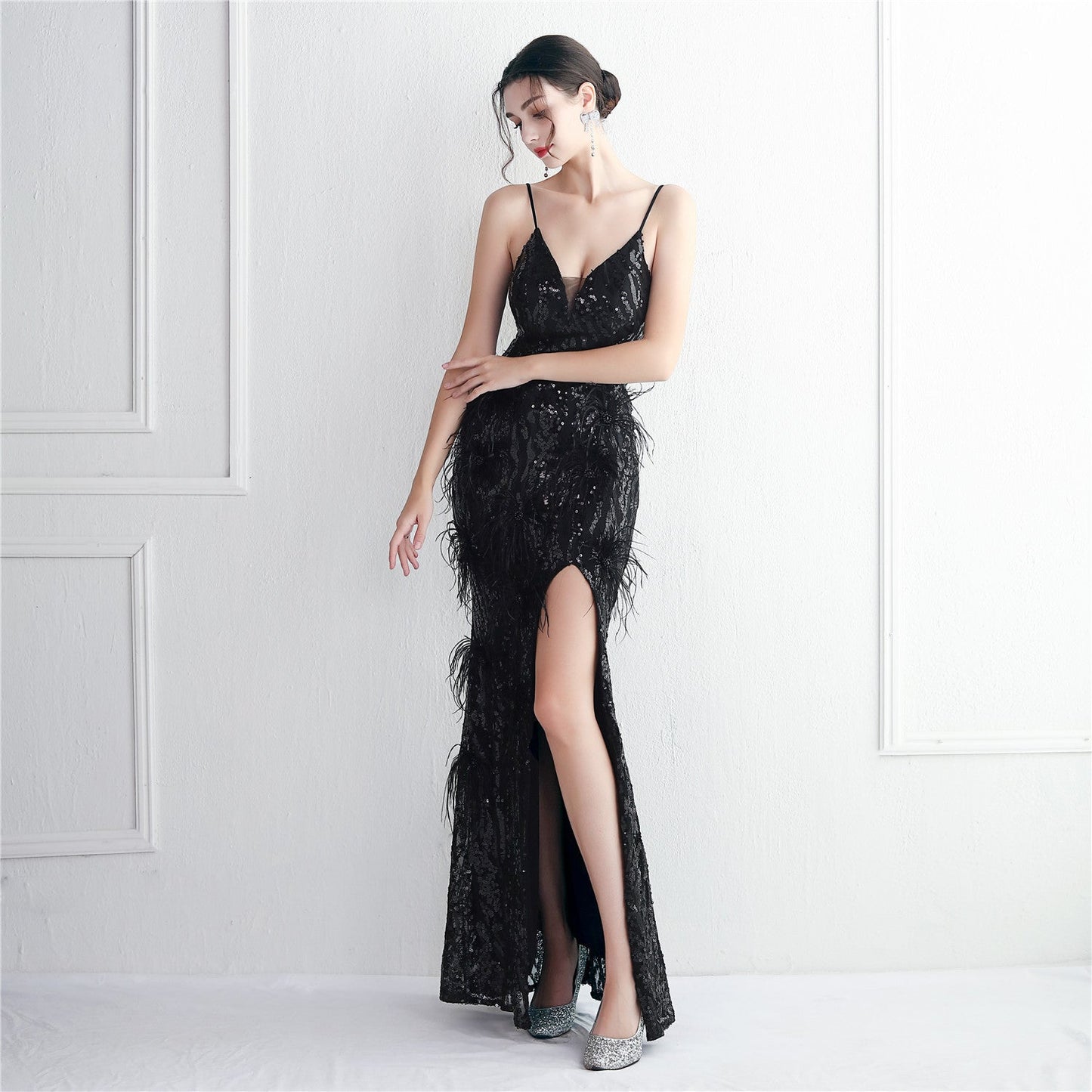 Floral Craft Beading Craft Imported Wool Dress Long Cocktail Slim Fit Evening Dress Elegant