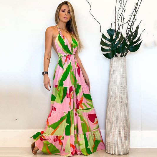Spring Summer Women Clothing Deep V Plunge neck Backless Dress Bohemian Floral Strap Dress Women