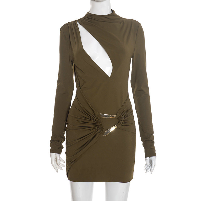Women Clothing Autumn Winter Solid Color Slim Fit Elegant Hollow Out Cutout Pleated Long Sleeve Mini Short Dress
