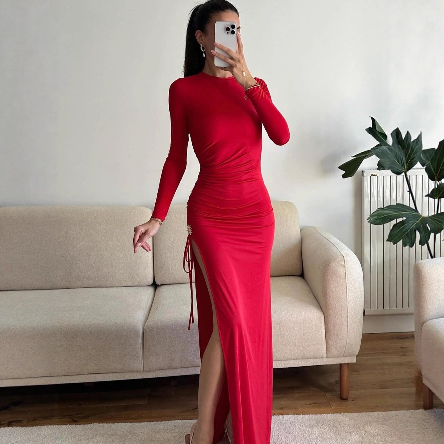 Early Autumn Women Clothing Long Sleeve Dress Lace up Slimming Slit Metal Decorative Maxi Dress Women