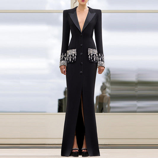 Heavy Industry Beads Diamond Tailored Collar Dress Dress Fishtail Dress
