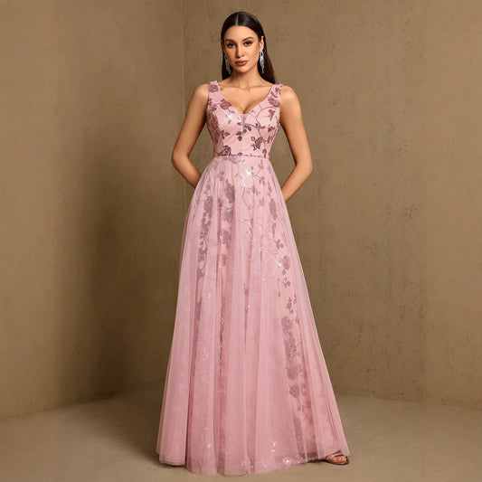 Sexy Deep V Plunge neck Large Swing Evening Dress Elegant Sexy Strap Pattern Sequin Gauze Dress Women