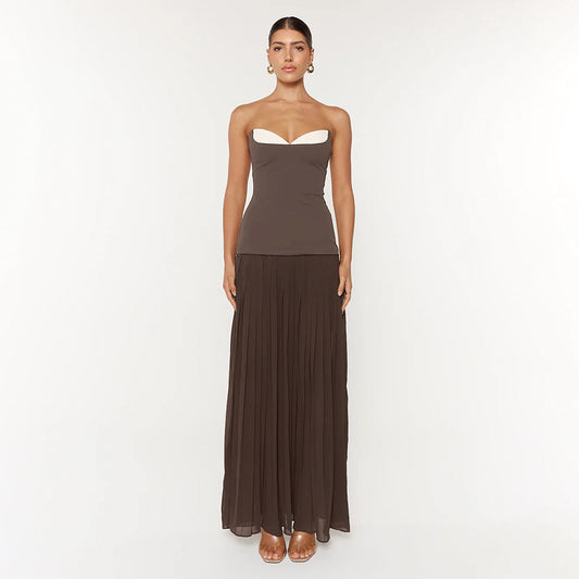 Fall Women Clothing French off Shoulder Ruffled White Coffee Color Matching Pleated Tube Top Dress