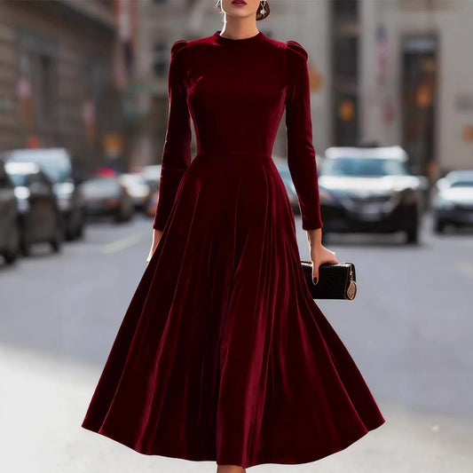Women Clothing Spring Summer round Neck Korean Velvet Elegant Long Sleeved Dress