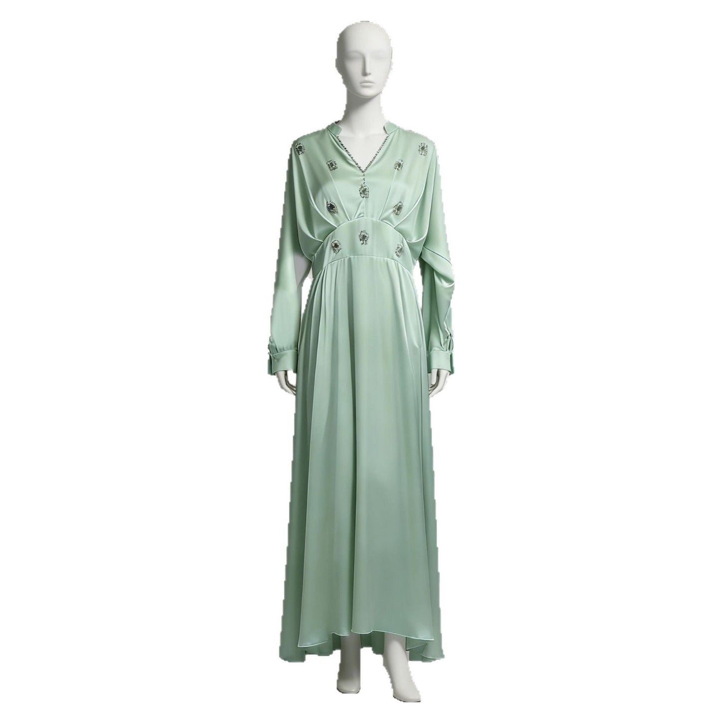 Spring Elegant Retro Diamond V neck Long Sleeve Dress Waist Slimming Dress for Women