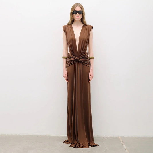 Sexy Brown Twisted Pleated Sleeveless Deep V Plunge Women Clothing Hip Dress
