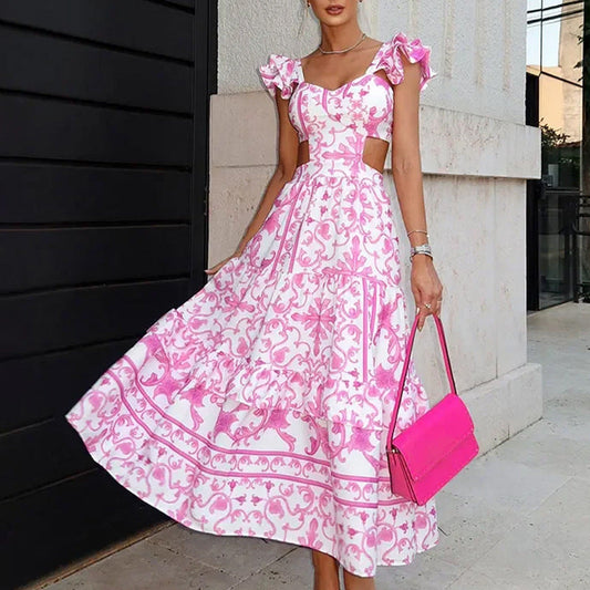 Women Clothing Elegant Padded Shoulder Flying Sleeves Printed Large Dress Maxi Dress