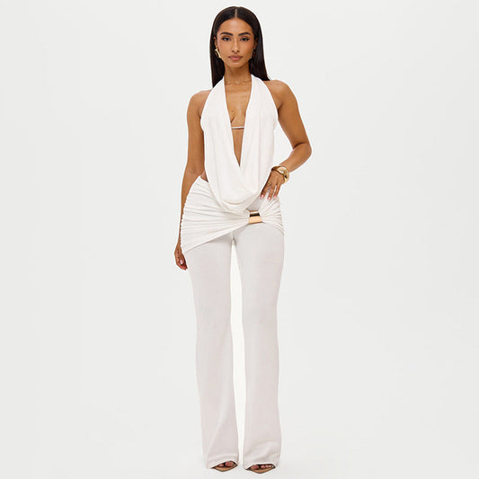 Women Clothing Winter Hanging Collar Backless Top Metal Buckle Bootcut Pants Two Piece Set