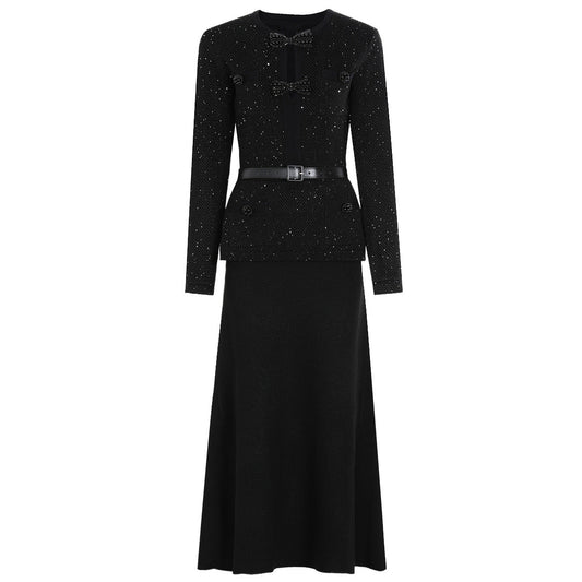 Spring Autumn Knitted round Neck Slim Fit Slimming Heavy Industry Beads Long Sleeve Dress