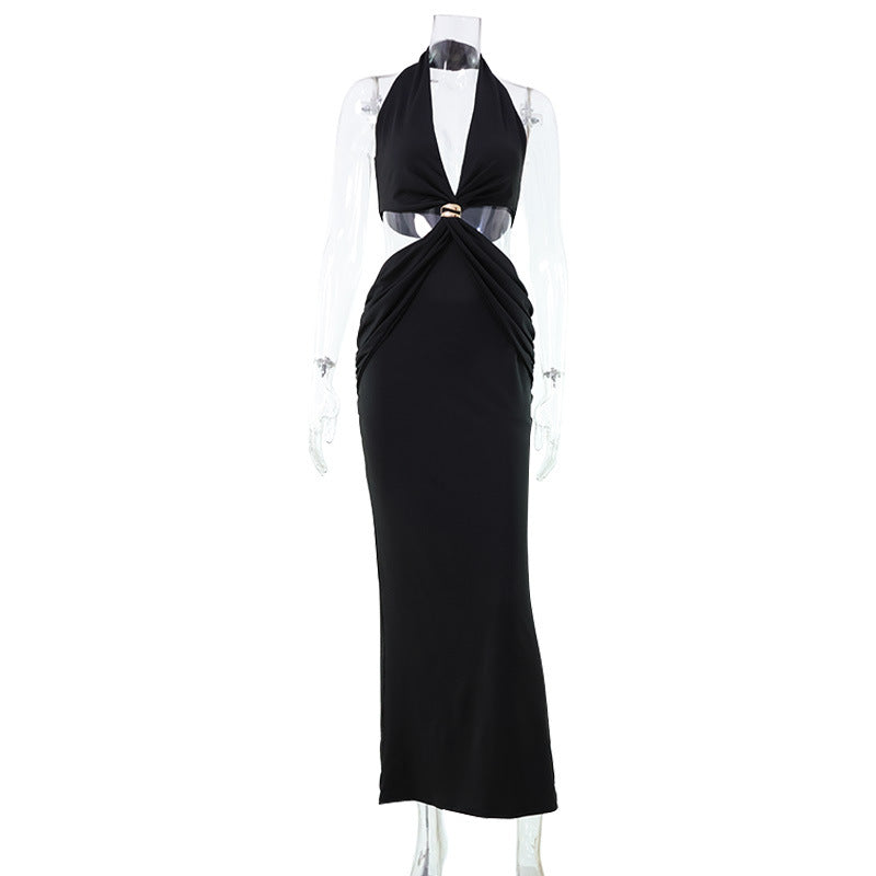 Women Clothing Hollow Out Cutout Deep V Plunge neck Halter Sleeveless Sexy Sheath Dress Graceful Formal Dress