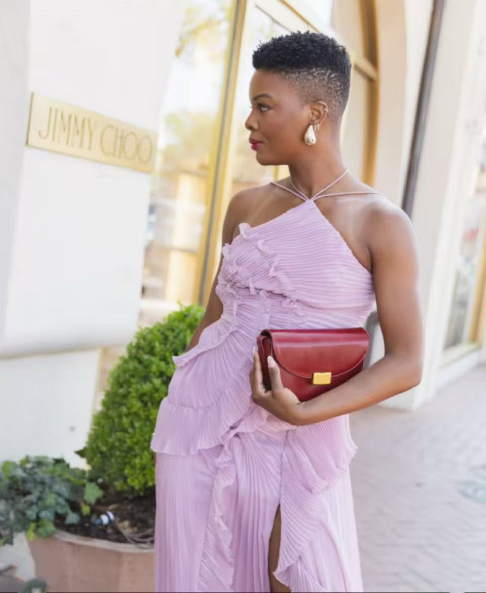 Spring Summer Pleated Ruffled Halter Backless a Swing Chiffon Elegant Dress