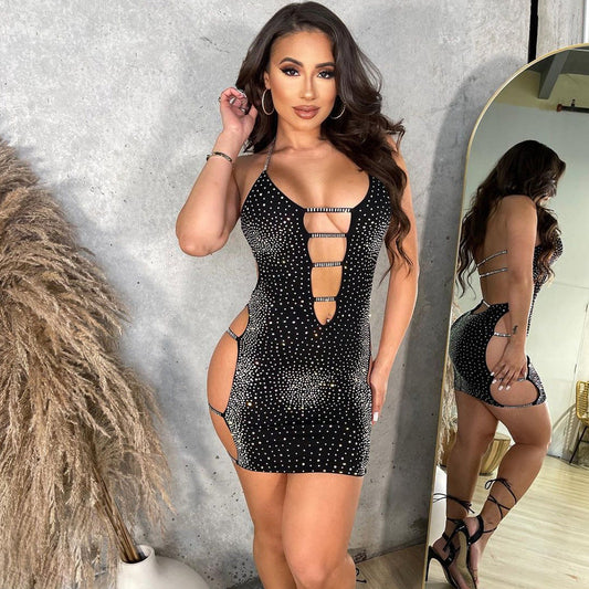 Summer Women Clothing Sexy Hollow Out Cutout Rhinestone Strap Dress for Women