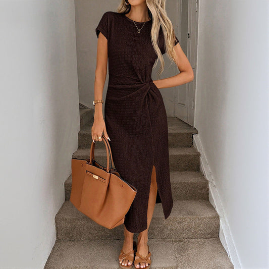 Retro Modern Brown Short Sleeves Waist Split Mid Length Elegant Women Dress