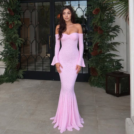 Dress Sexy Bandeau Stitching Lace Sleeve Slim Long Fishtail Evening Dress