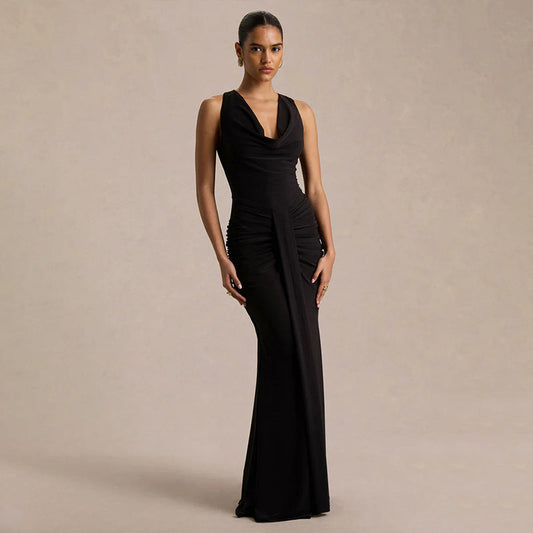 Women Clothing Sexy V neck Slim Fit Pleated Design High Sense Elegant Evening Dress