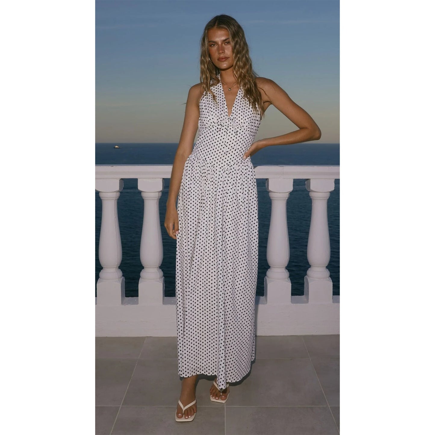 Goods Polka Dot Halter Deep V Plunge Dress Vacation Dress