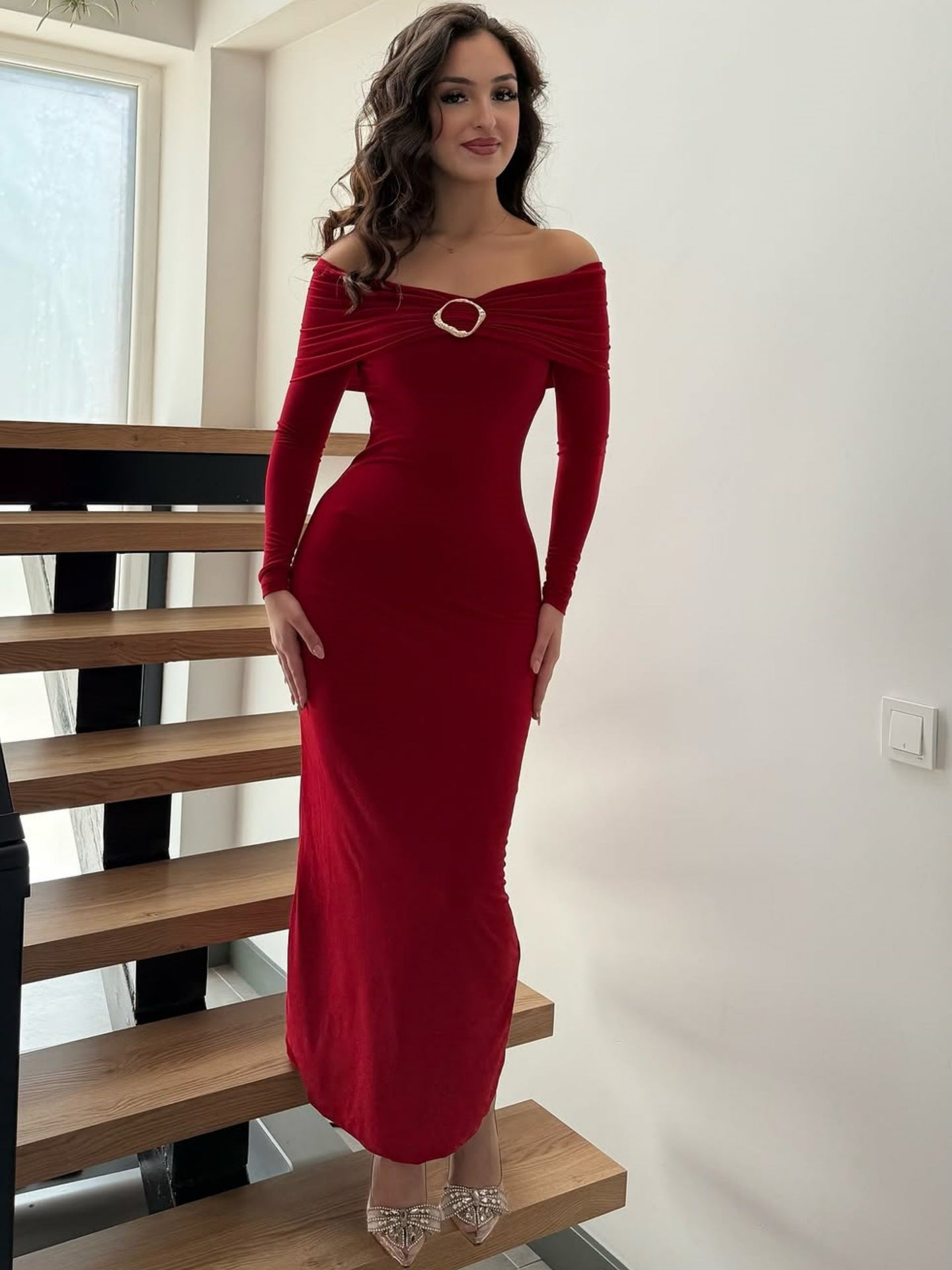 Women Clothing Fall Sexy Tube Top off Neck Solid Color Midi Dress