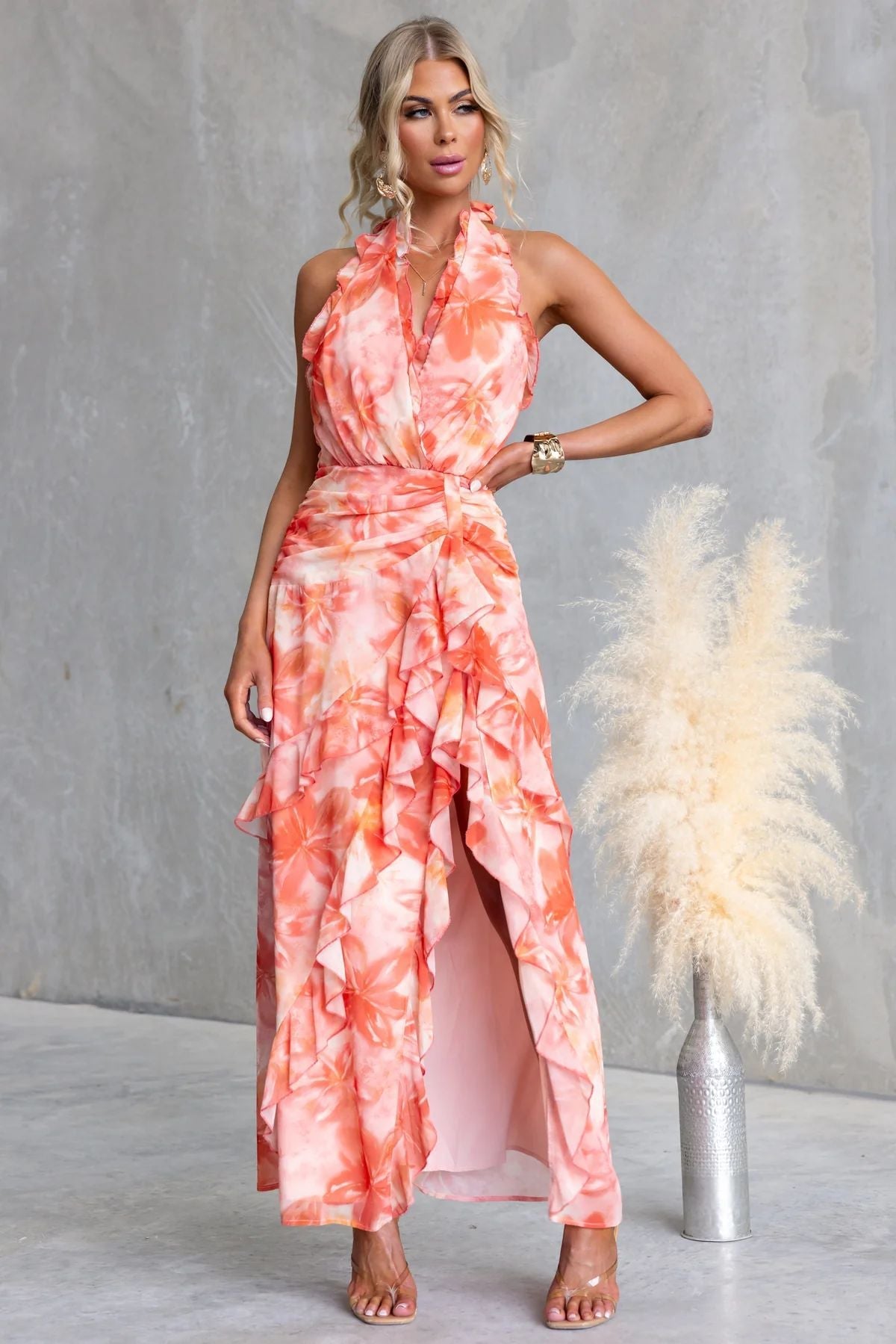 Printed Sexy V neck Backless Halter Fashionable Stringy Selvedge Dress