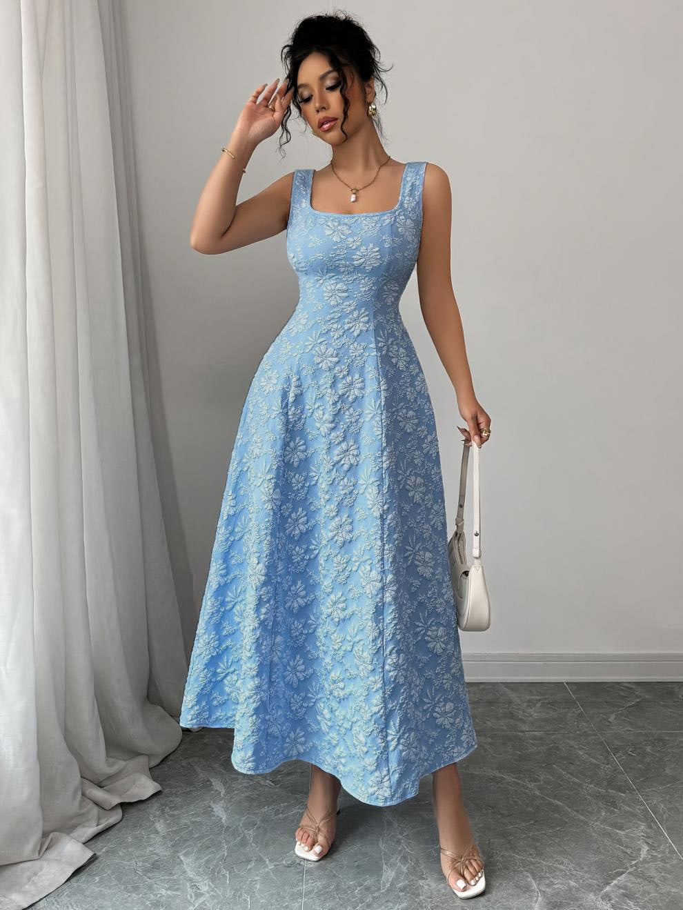 Popular Summer Vest Pullover Square Collar Jacquard Floral Swing Elegant Dress