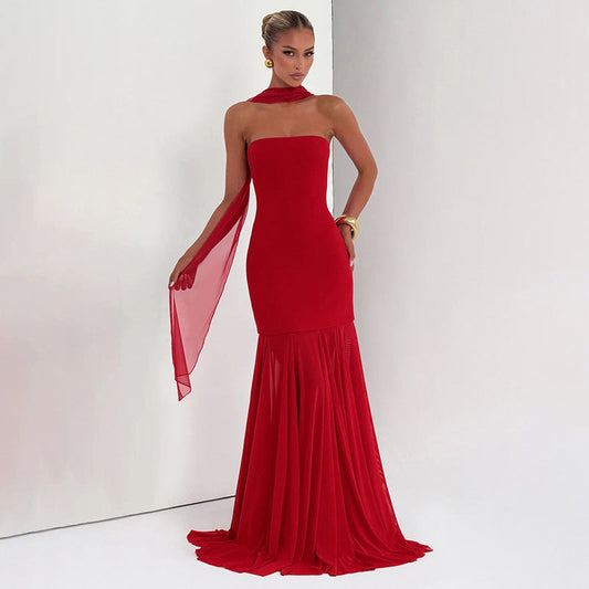 Women Clothing Autumn Winter Solid Color Elegant Sleeveless Chiffon Stitching Tube Top Ribbon Maxi Dress
