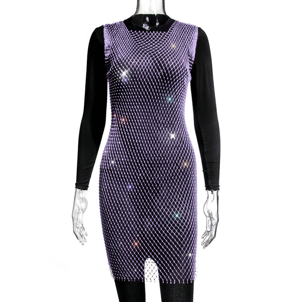Rhinestone Fishnet Top Summer Popular Mesh Rhinestone Women Clothing Short Sleeve