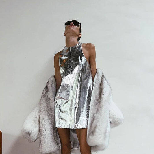 Summer Women Clothing Reflective Faux Leather Sexy Nightclub Vest Dress Sleeveless Short Dress