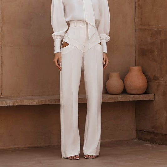 Women Clothing Autumn Niche Design Hollow Out Cutout out Casual Pants Fashionable All Match Loose White Trousers