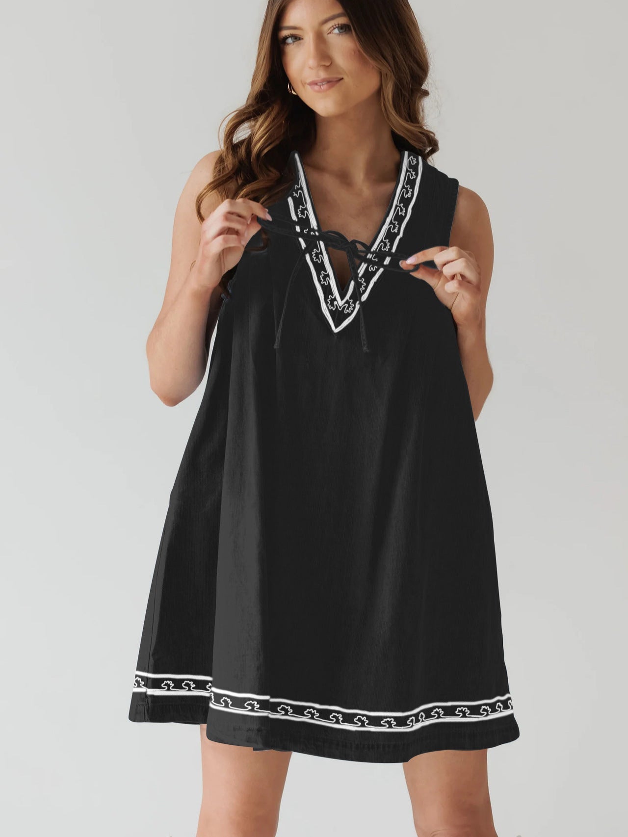 Summer Street Hipster V neck Sleeveless Embroidered Vest Denim Dress