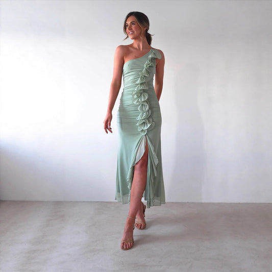 Summer Slant Shoulder Sexy Pleated High Slit Slim Fit Dress