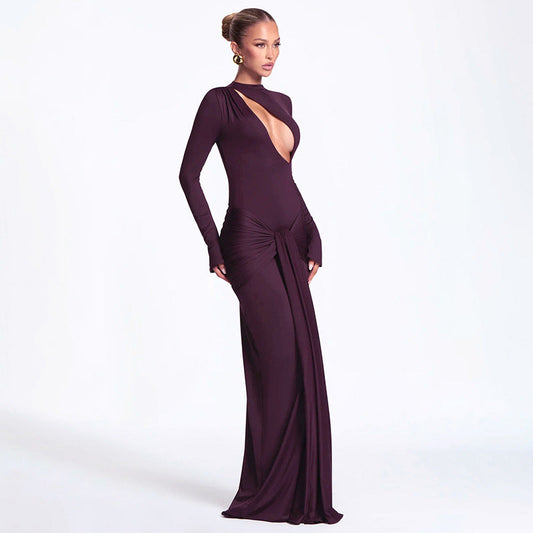 Women Clothing Autumn Winter Solid Color Sexy Slim Chest Hollow Out Cutout Sheath Tied Dress Women