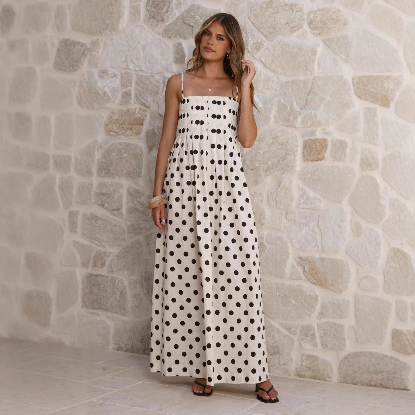 Summer Polka Dot Printed Pleated Craft Sweet Spaghetti Strap Mid Length Dress