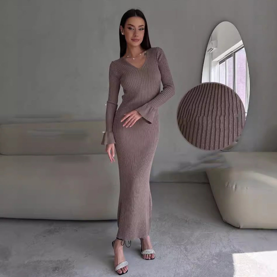 Long Sleeve V neck Tight Knitted Dress Solid Color Rib Fabric Wool Long Autumn Winter Dress