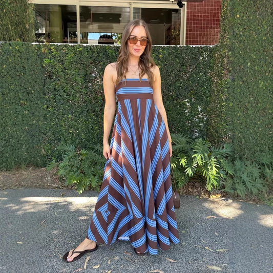 Summer Dress Striped Printed High Waist Big Swing French Cami Dress