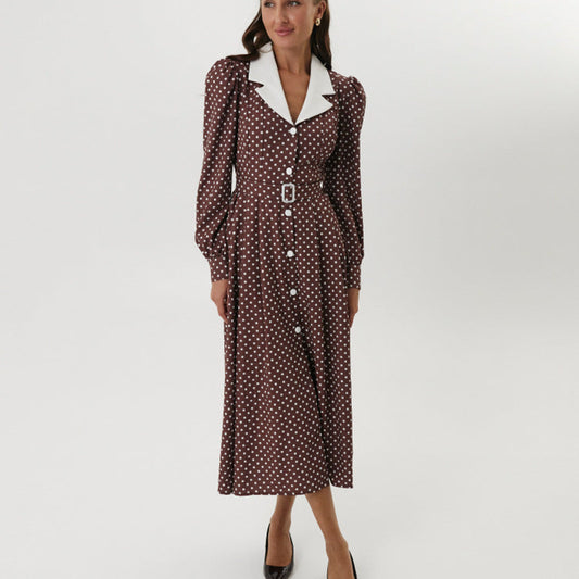 Women Clothing Elegant Polka Dot Dress Collared Long Sleeve Single Breasted High Waist Office Dress