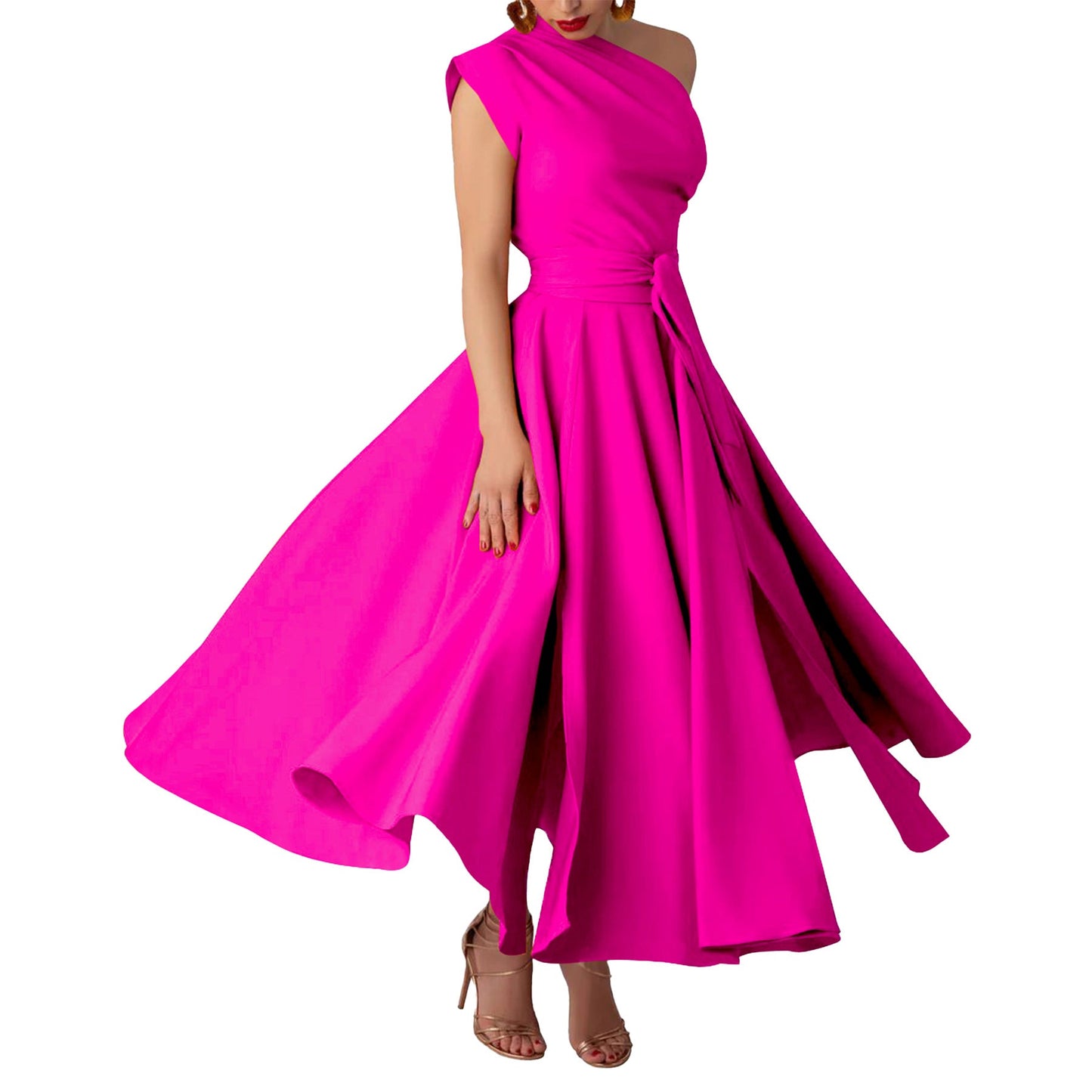 Summer Women Wear Sleeveless Diagonal Collar Solid Color Waist Tight Swing Dress