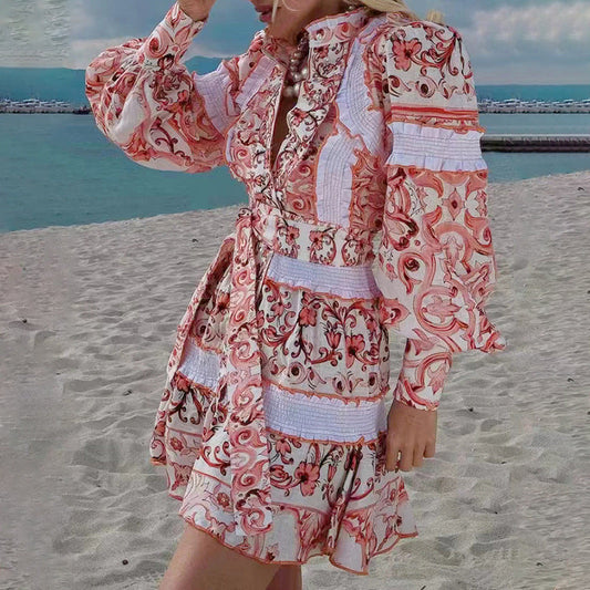 Spring Summer French Stand-up Collar Lace Lace up Waist Controlled Slimming Lantern Sleeves Dress Stitching Short Dress