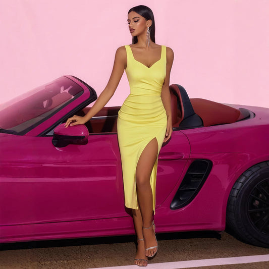 Elegant off Shoulder Slim Fit Figure Flattering Side Slit Pleated High Waist Strap Dress