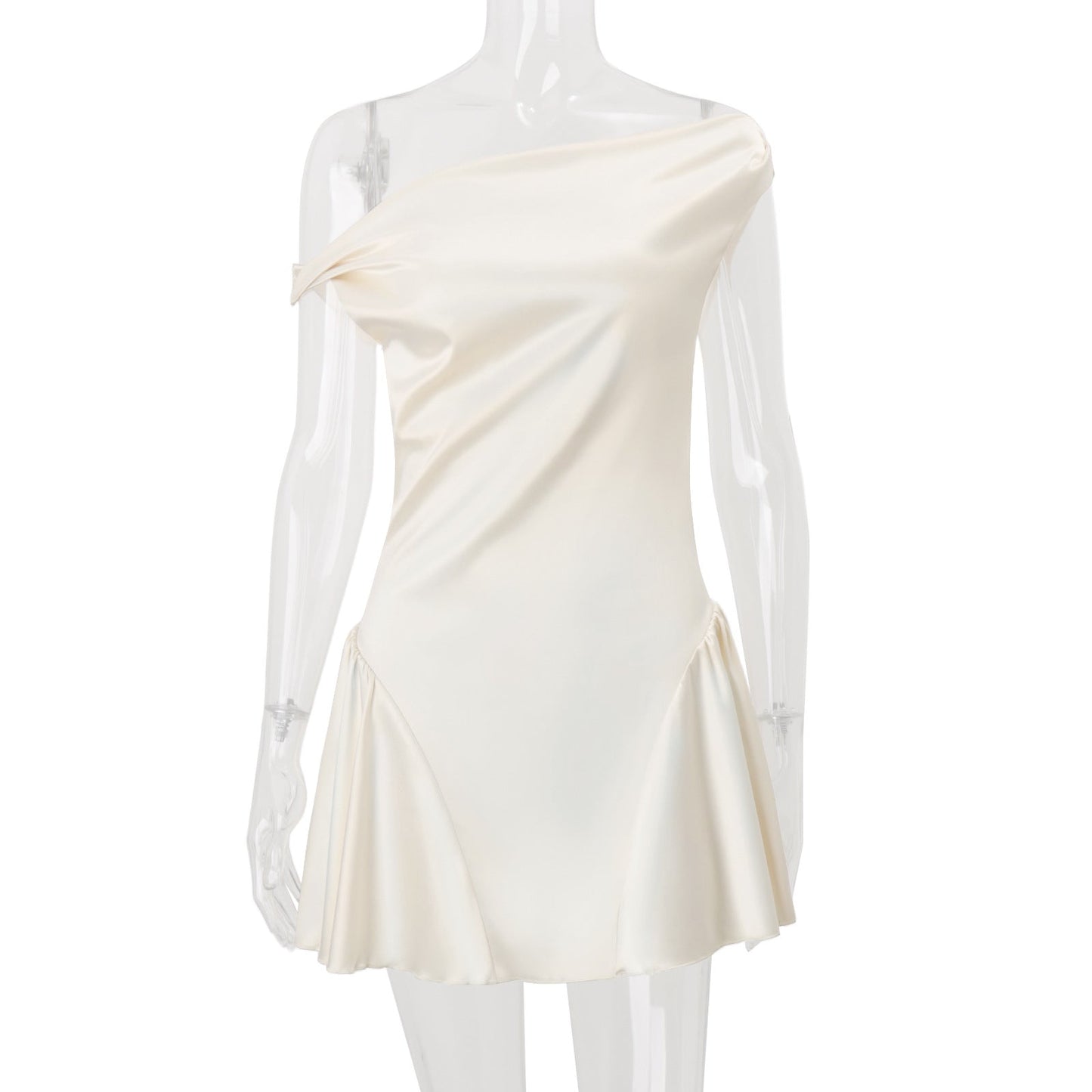 Women Clothing Autumn French Sexy Pure Sweet Waist Controlled Satin Dress