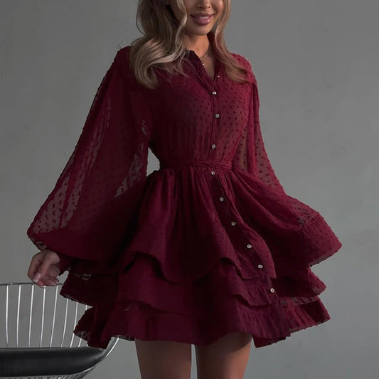 Short A Word Dress Women Elegant Collared Long Sleeve Single Breasted Lace up Shirt Dress