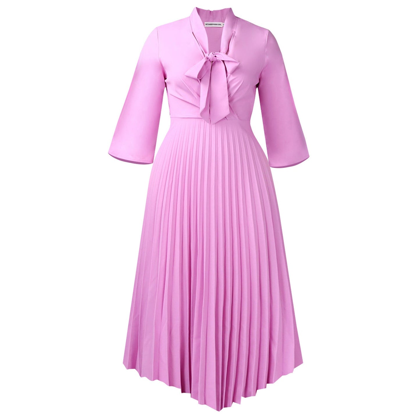 Three Quarter Sleeve Lace up Elegant Asymmetric Dress Pleated Dress
