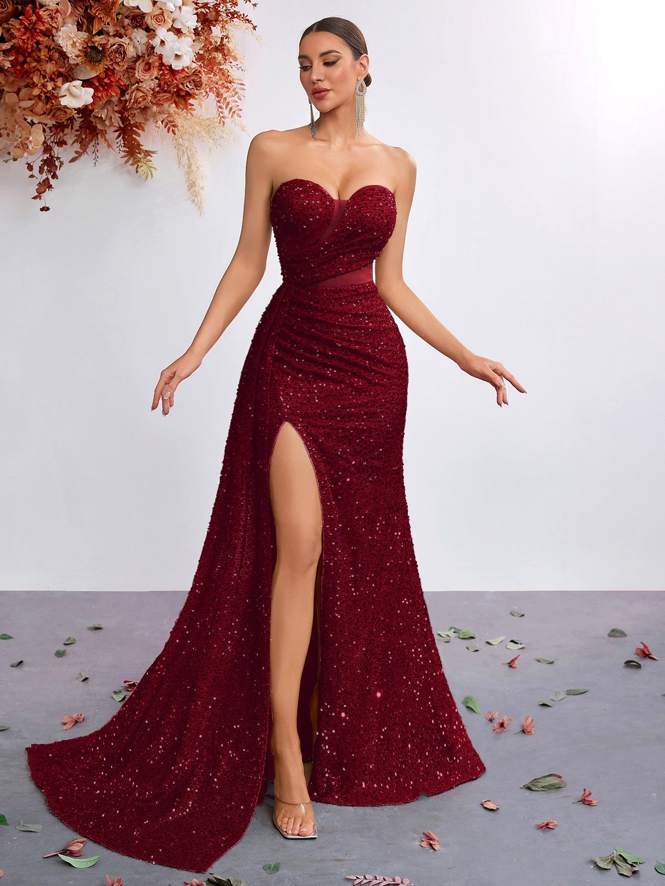 Light Luxury Sequ Tube Top Sexy High Waist Slit Fishtail Evening Dress Cocktail High Grade Socialite Dress