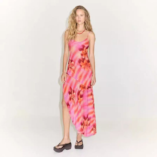 Backless Bandage Slit Printing Dress Women Clothing Printing Slip Dress