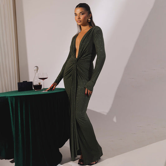 Sexy Slim Fit Deep V Plunge neck Dress Pleated Lace up Long Sleeve Sheath